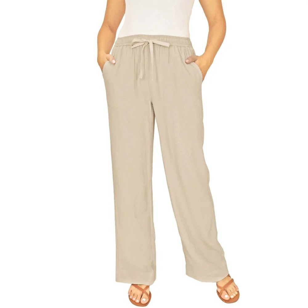 Briggs Womens Tan Linen Blend Wide Leg Drawstring Pants Small NEW